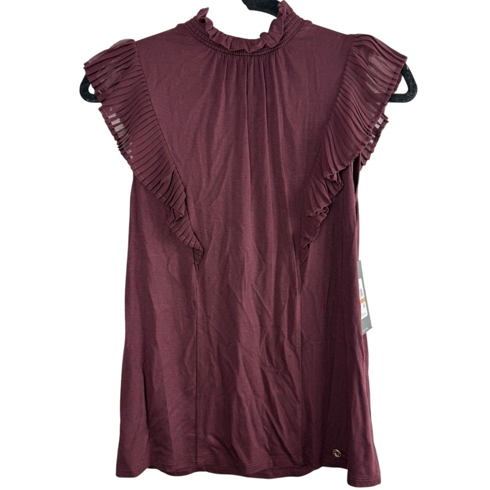 BCBG Burgundy Pleated Ruffle Mock Neck Top Sleeveless Romantic Small NWT
